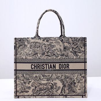 Large Dior Book Tote Chocolate Brown and Black Toile de Jouy Embroidery Size 42 x 35 x 18.5 cm