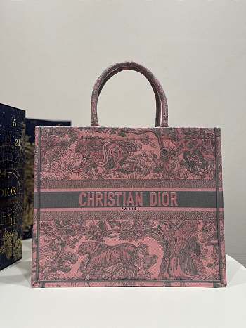 Large Dior Book Tote Pink and Gray Toile de Jouy Sauvage Embroidery Size 42 x 35 x 18.5 cm