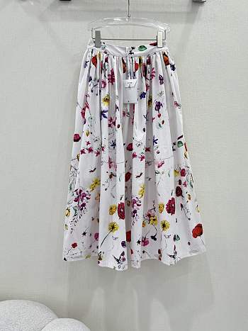 Dior Flared Mid-Length Skirt White Cotton Poplin with Red Multicolor Florilegio Motif