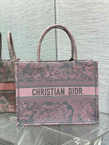 Medium Dior Book Tote Gray and Pink Toile de Jouy Reverse Embroidery Size 36 x 27.5 x 16.5 cm