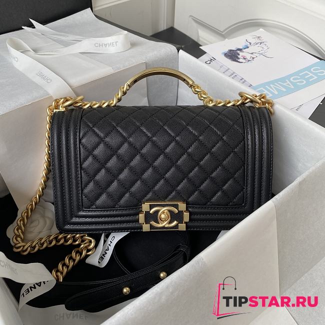 Boy Chanel Handbag With Handle Black Grained Shiny Calfskin A94804 Size 14.5 × 25 × 8 cm - 1