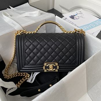 Boy Chanel Handbag With Handle Black Grained Shiny Calfskin A94804 Size 14.5 × 25 × 8 cm