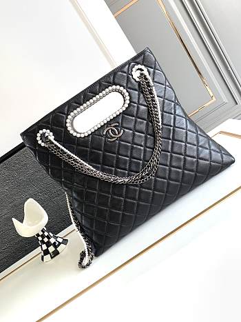Chanel Shopping Bag Black Aged Shiny Lambskin AS4222 Size 27.5 × 33 × 6.5 cm