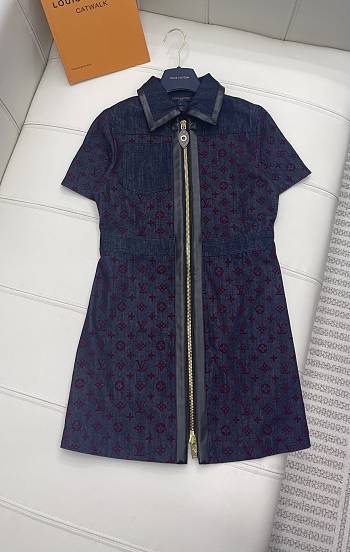 Louis Vuitton Flocked Monogram Denim Zip-Up Dress