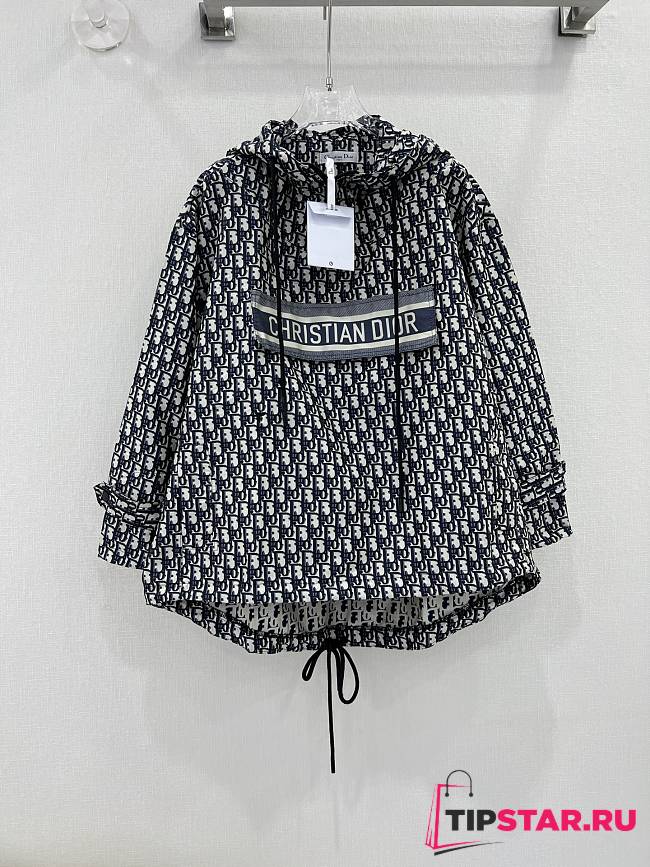 Dior Hooded Anorak Blue and Ecru Technical Taffeta Jacquard with Dior Oblique Motif - 1