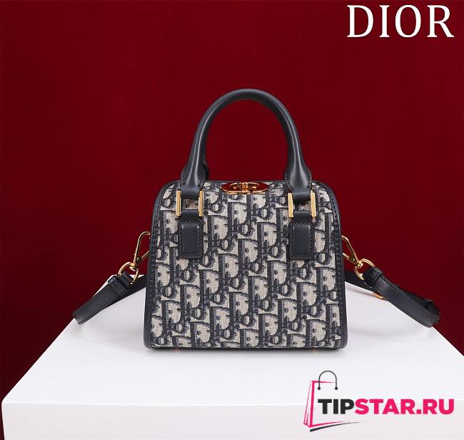 Dior Small Boston Bag Blue Dior Oblique Embroidery and Smooth Calfskin Size 20 x 12.5 x 16.2 cm - 1