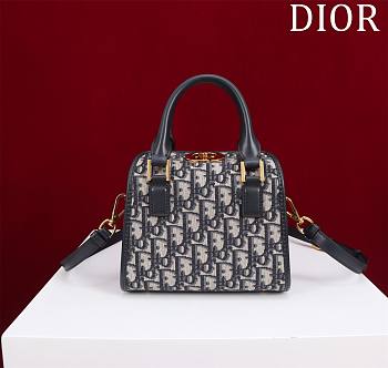 Dior Small Boston Bag Blue Dior Oblique Embroidery and Smooth Calfskin Size 20 x 12.5 x 16.2 cm