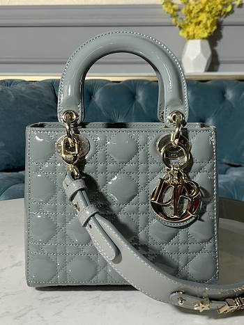 Small Lady Dior Bag Gray Patent Cannage Calfskin Size 20 x 17 x 8 cm