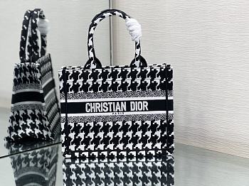 Small Dior Book Tote Black and White Macro Houndstooth Embroidery Size 26.5 x 21 x 14 cm