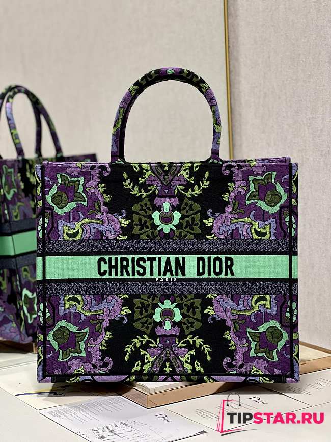 Large Dior Book Tote Multicolor Dior Indian Purple Embroidery Size 42 x 35 x 18.5 cm - 1