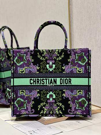 Large Dior Book Tote Multicolor Dior Indian Purple Embroidery Size 42 x 35 x 18.5 cm