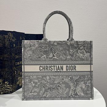 Large Dior Book Tote Gray and Ecru Toile de Jouy Reverse Embroidery Size 42 x 35 x 18.5 cm