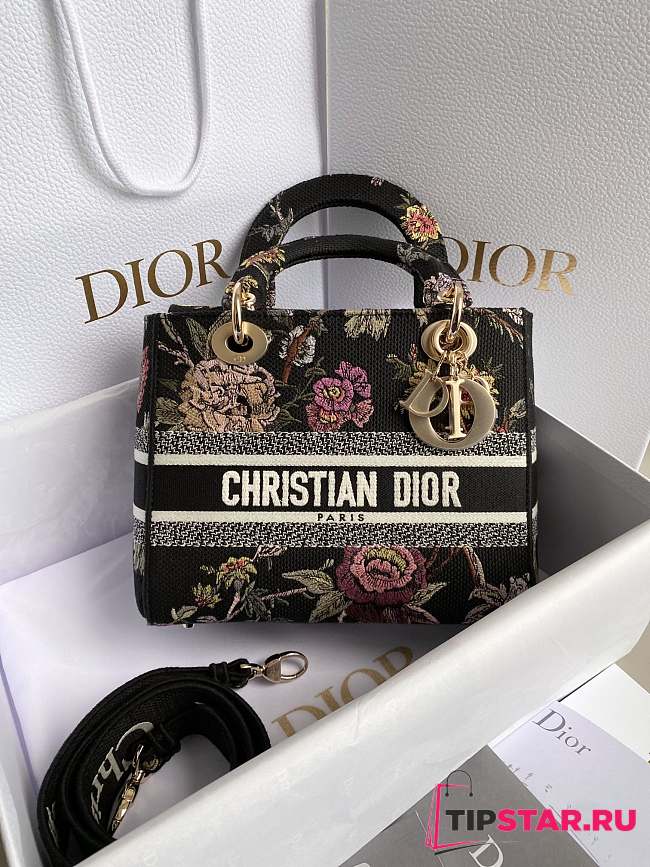 Dior Medium Lady D-Lite Bag Black Multicolor Dior Jardin Botanique Embroidery Size 24 x 20 x 11 cm - 1