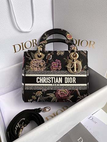 Dior Medium Lady D-Lite Bag Black Multicolor Dior Jardin Botanique Embroidery Size 24 x 20 x 11 cm