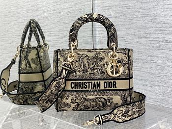 Dior Medium Lady D-Lite Bag Chocolate Brown and Black Toile de Jouy Embroidery Size 24 x 20 x 11 cm
