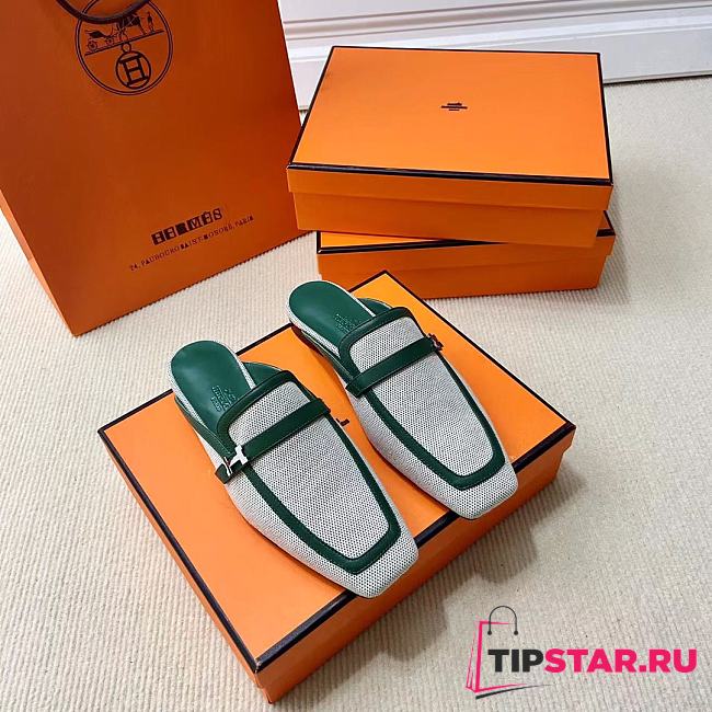 Hermes Groupie Mule in H Canvas And Calfskin Green - 1