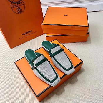 Hermes Groupie Mule in H Canvas And Calfskin Green