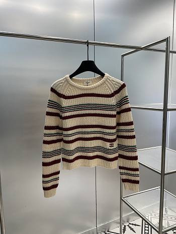 Celine Crew Neck Sweater In Striped Ribbed Wooloff White