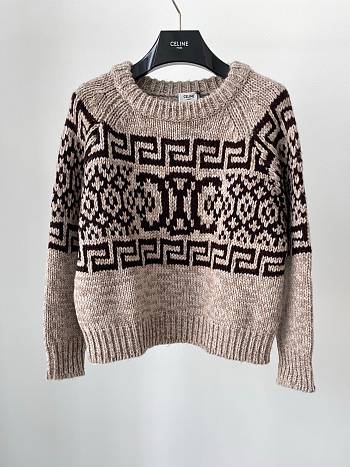 Celine Crew Neck Sweater In Triomphe Fair Isle Wool Taupe