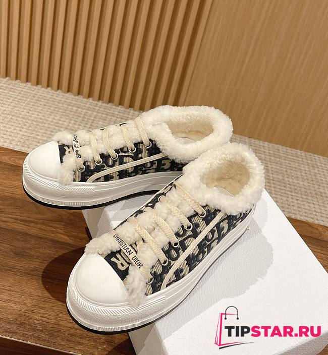 Walk'N'Dior Platform Sneaker Deep Blue Dior Oblique Embroidered Cotton and White Shearling - 1