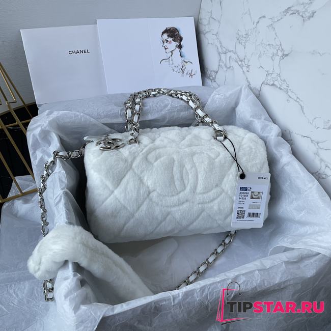 Chanel Small Bowling Bag Shearling Lambskin White AS4280 Size 10.5 × 25 × 13 cm - 1