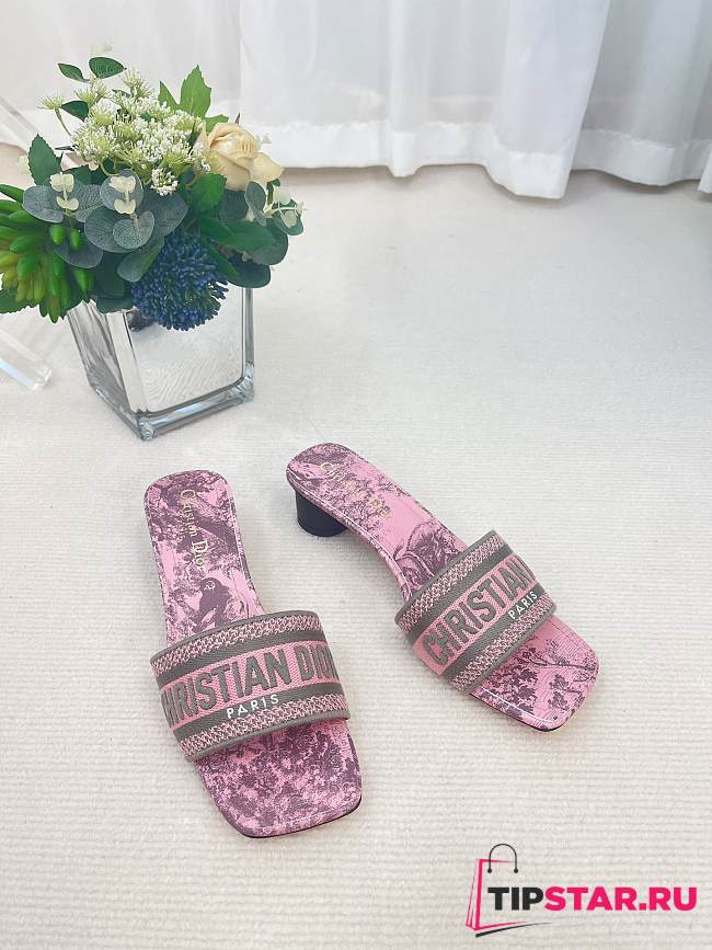 Dior Dway Heeled Slide Gray and Pink Embroidered Cotton with Toile de Jouy Reverse Motif - 1