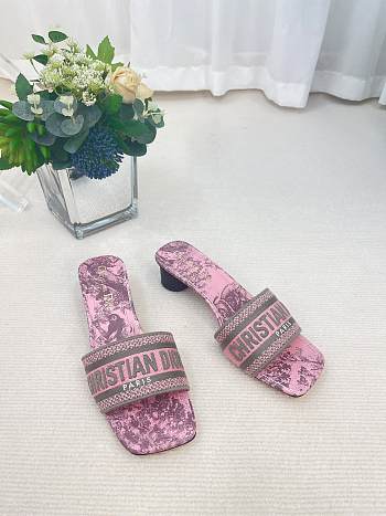 Dior Dway Heeled Slide Gray and Pink Embroidered Cotton with Toile de Jouy Reverse Motif