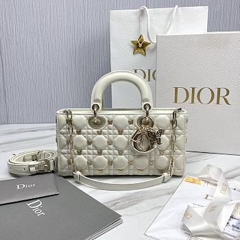 Dior Medium Lady D-Joy Bag White Cannage Lambskin with Gold-Finish Butterfly Studs Size 26 x 13.5 x 5 cm
