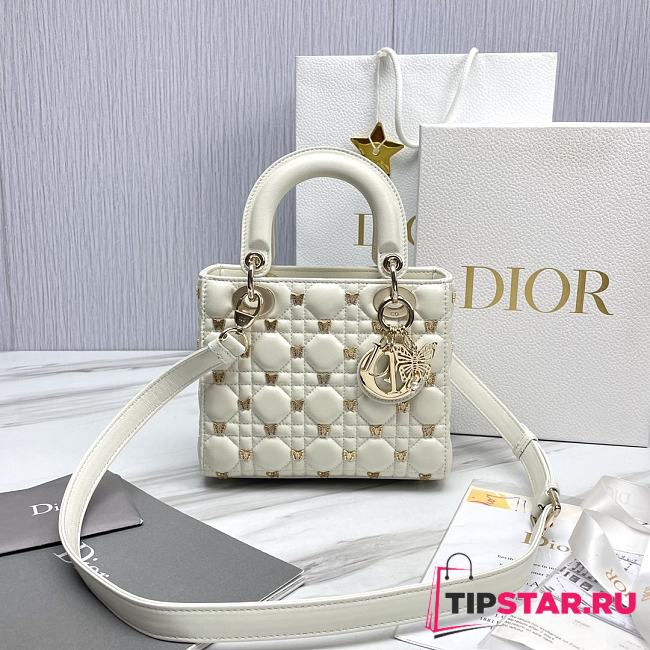 Small Lady Dior Bag White Cannage Lambskin with Gold-Finish Butterfly Studs Size 20 x 17 x 8 cm - 1