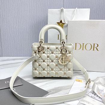 Small Lady Dior Bag White Cannage Lambskin with Gold-Finish Butterfly Studs Size 20 x 17 x 8 cm