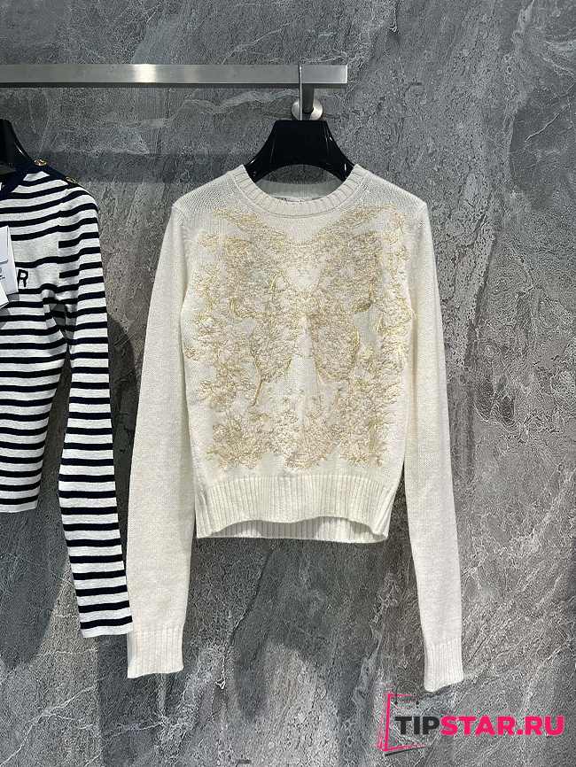 Dior Embroidered Sweater Gold-Tone and White Cashmere Knit with Butterfly Around the World Motif - 1