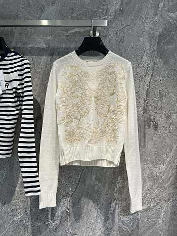 Dior Embroidered Sweater Gold-Tone and White Cashmere Knit with Butterfly Around the World Motif