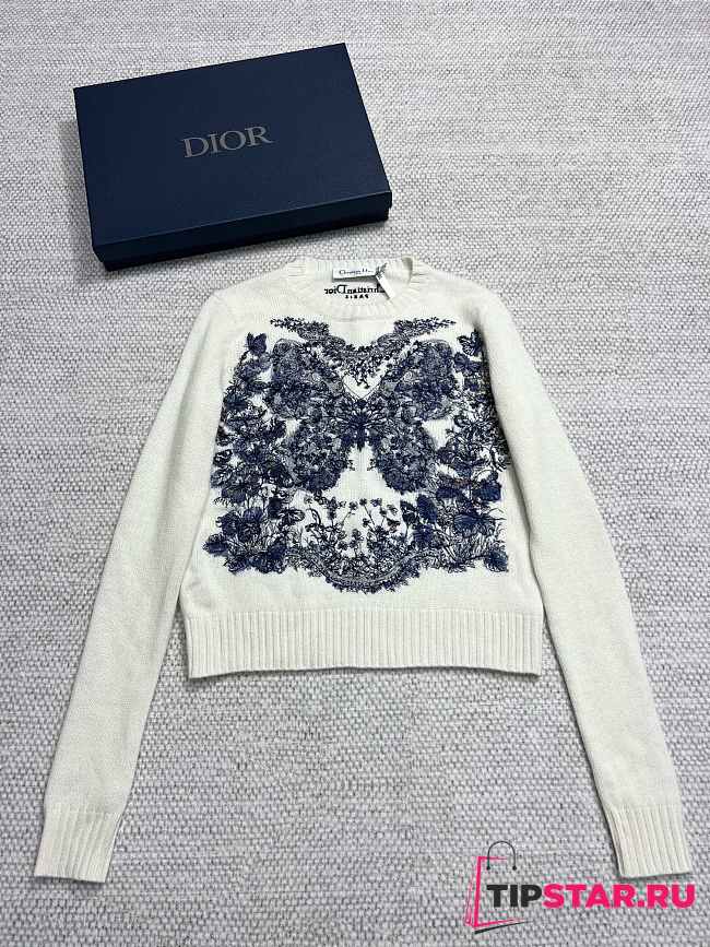 Dior Embroidered Sweater Ecru Cashmere Knit with Pastel Midnight Blue Butterfly Around The World Motif - 1