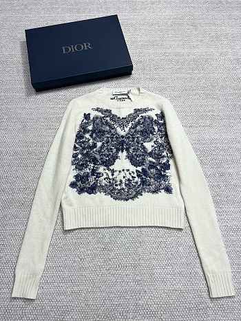 Dior Embroidered Sweater Ecru Cashmere Knit with Pastel Midnight Blue Butterfly Around The World Motif