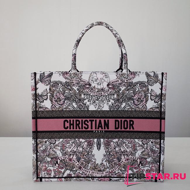 Large Dior Book Tote White and Pastel Pink Butterfly Around The World Embroidery Size 42 x 35 x 18.5 cm - 1