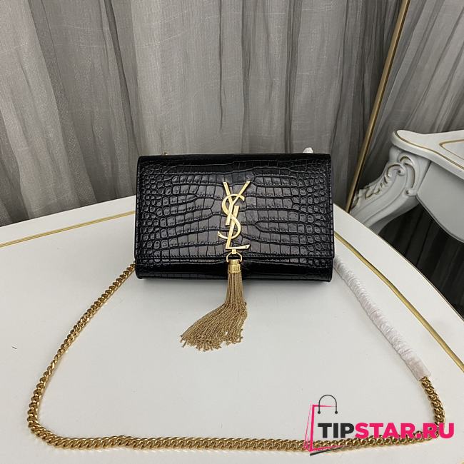 YSL Kate Small Tassel In Crocodile-Embossed Leather 474366 Black/Gold Size 20x12.5x5cm - 1