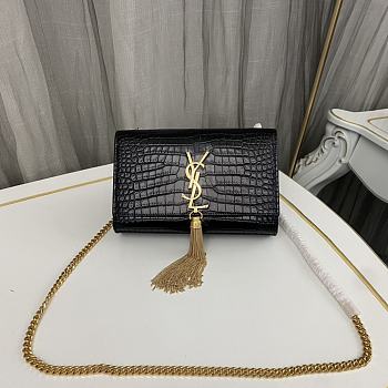 YSL Kate Small Tassel In Crocodile-Embossed Leather 474366 Black/Gold Size 20x12.5x5cm