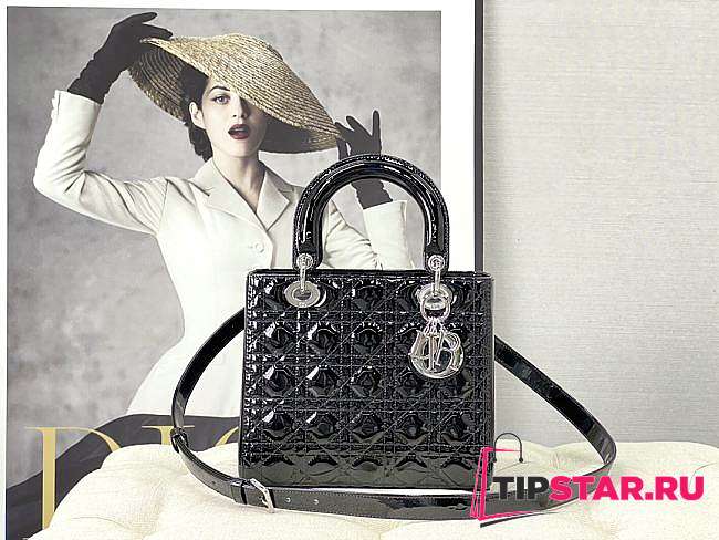 Lady Dior Medium Patent Leather Bag Black Silver Hardware Size 24×20×11 cm - 1