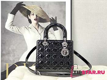Lady Dior Medium Patent Leather Bag Black Silver Hardware Size 24×20×11 cm