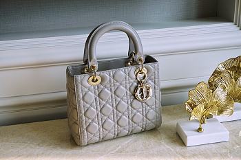 Medium Lady Dior Bag Stone Gray Cannage Lambskin Size 24 x 20 x 11 cm