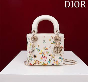 Mini Lady Dior Bag Latte Calfskin Embroidered with Multicolor Small Flowers Size 17 x 15 x 7 cm