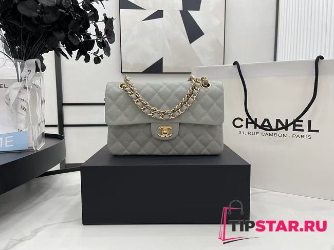 Chanel Classic Flap Bag Gray Grained Calfskin Gold Hardware Size 23cm - 1