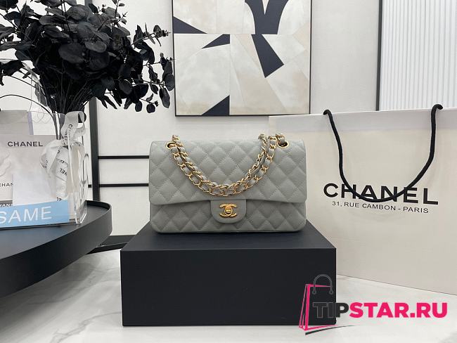 Chanel Classic Flap Bag Gray Grained Calfskin Gold Hardware Size 25cm - 1