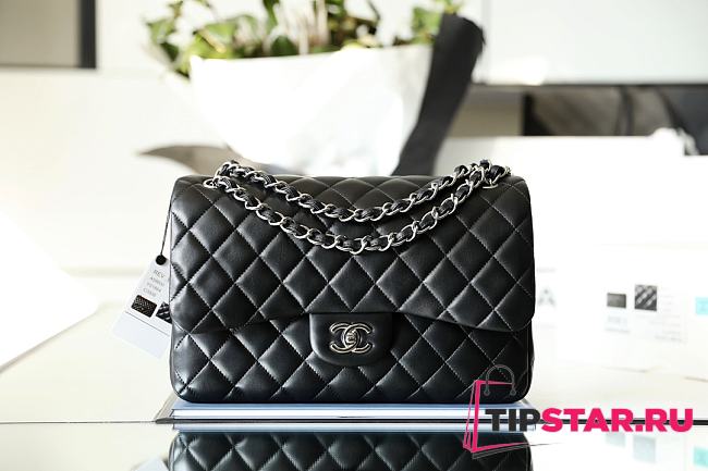 Chanel Classic Flap Bag Jumbo Black Lambskin Silver Hardware Size 19.5x30x10cm - 1