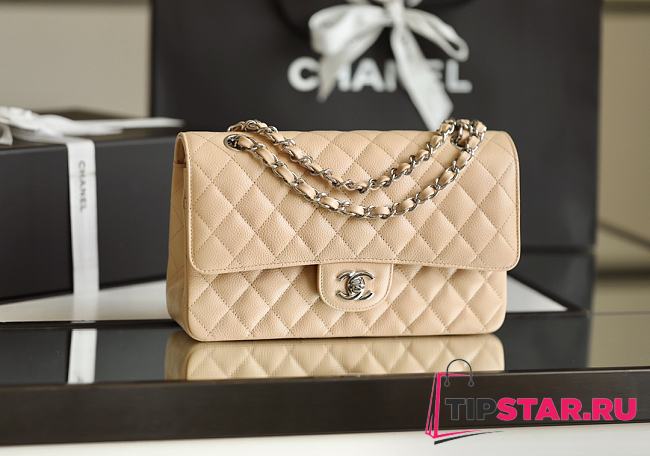 Chanel Classic Flap Bag Beige Grained Calfskin Silver Hardware Size 15.5x25.5x6.5cm - 1