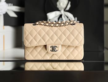 Chanel Classic Flap Bag Beige Grained Calfskin Silver Hardware Size 14.5x23x6cm