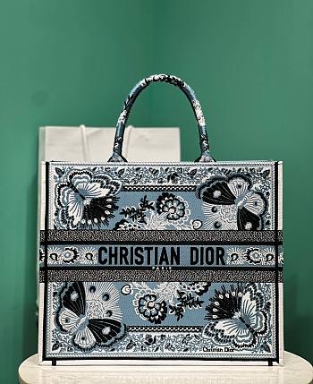 Large Dior Book Tote Denim Blue Multicolor Butterfly Bandana Embroidery Size 42 x 35 x 18.5 cm