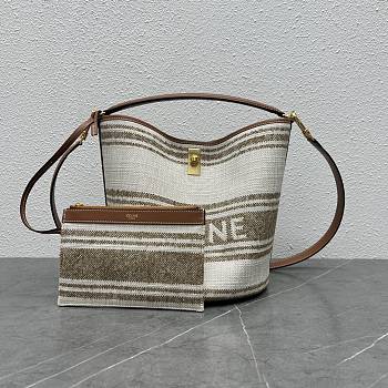 Celine Bucket 16 Bag In Striped Textile With Celine Jacquard And Calfskin Tobacco/Tan Size 23 X 24.5 X 23 CM