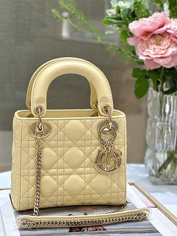 Mini Lady Dior Bag Pastel Yellow Cannage Lambskin Size 17 x 15 x 7 cm