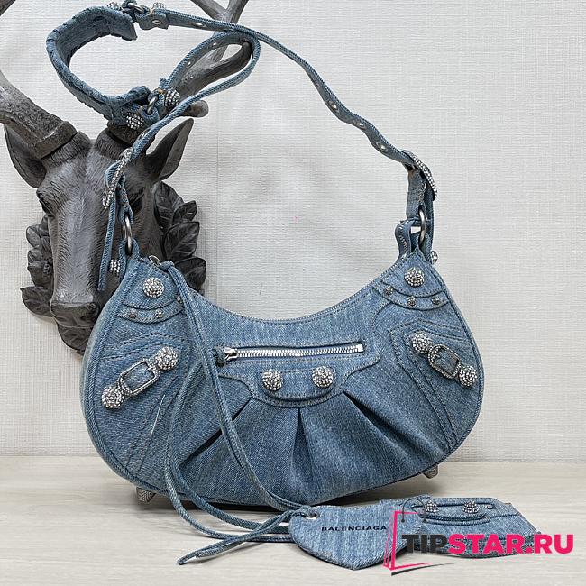 Balenciaga Women's Le Cagole Small Shoulder Bag Denim With Rhinestones In Blue Size 33×16×8.4cm - 1